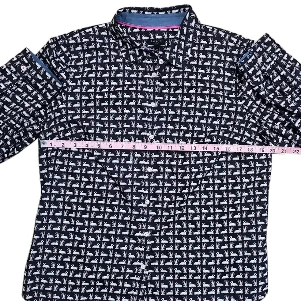 Talbots Womens 14P Shirt Black Cotton Swan Print Button Up Timeless Whimsigoth - Picture 7 of 8